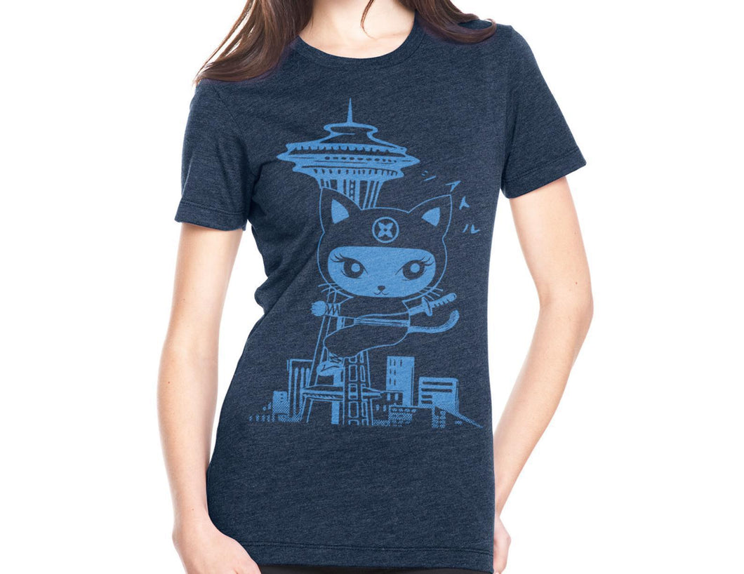 Adult Tee - Seattle Ninja Kitty Blue Crew Neck by Namu